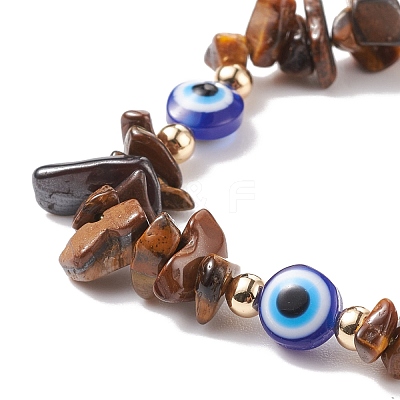Natural Tiger Eye Chips & Resin Evil Eye Braided Bead Bracelet BJEW-JB08495-02-1