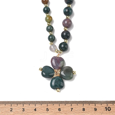 Saint Patrick's Day Natural Indian Agate Clover Pendant Round Beaded Necklaces with Brall Heart OT Clasps NJEW-G202-02G-01-1