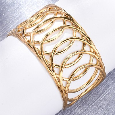 Europe and America Style 304 Stainless Steel Cuff Bangles for Women BJEW-D306-03G-1