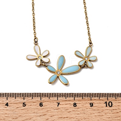 304 Stainless Steel Sky Blue Enamel with Crystal Rhinestone Triple Flower Pendant Necklaces for Women LS-NJEW-G181-01G-1