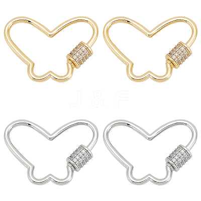 4Pcs 2 Colors Butterfly Brass Micro Pave Clear Cubic Zirconia Screw Carabiner Lock Charms KK-WR0001-05-1