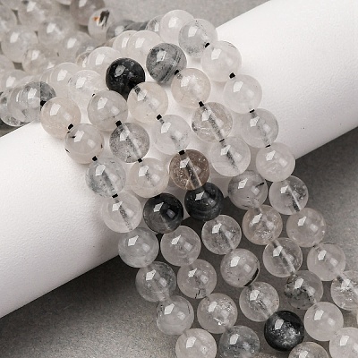 Natural Tourmalinated Quartz/Black Rutilated Quartz Beads Strands G-E558-04-6mm-1