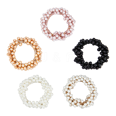 5Pcs 5 Colors Elastic Rubber Bands & Plastic Imitation Pearl Beaded Hair Ties for Ponytail Holders OHAR-DC0001-03-1