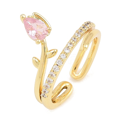 Flower Brass Micro Pave Cubic Zirconia Cuff Open Rings for Women CU-CBA0A21-06B-G-1