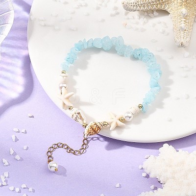 Beachy Natural white Jade Chip Beads & Synthetic Turquoise Charm Bracelets BJEW-JB14140-02-1