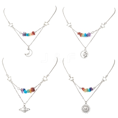 Chakra Gemstone Chip Beaded & Alloy Sun Moon Star Planet Pendant Brass Cable Chain Necklaces for Women NJEW-JN05794-1