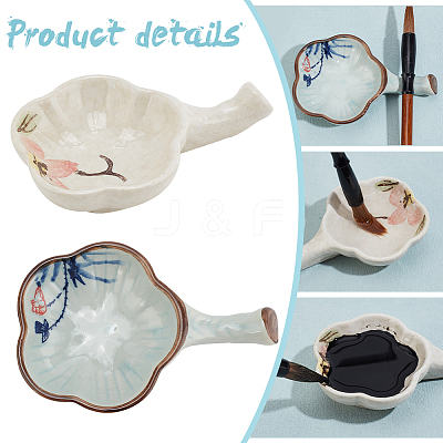 2Pcs 2 Styles Flower Shape Ceramics Ink Plate with Handle AJEW-PH0011-62-1