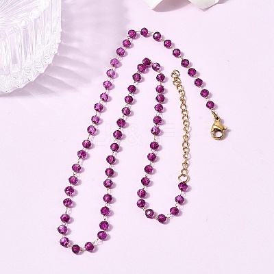 304 Stainless Steel with Glass Faceted Rondelle Bead Handmade Link Chain Birth Stone Necklaces for Women NJEW-G195-01G-03-1
