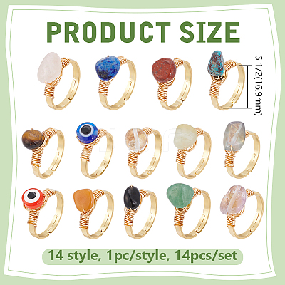 14Pcs 14 Styles 304 Stainless Steel & Gemstone Chip & Evil Eye Resin Finger Rings NJEW-WR00011-1