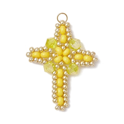 Glass Seed Beaded Cross Pendants PALLOY-MZ00826-05-1
