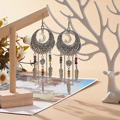 Alloy Moon Web with Feather Chandelier Earrings EJEW-JE05120-1