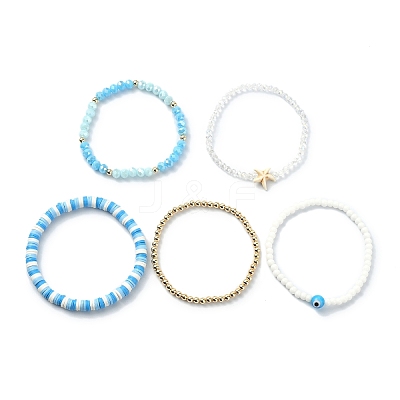 5Pcs 5 Style Polymer Clay Heishi Surfer Stretch Bracelets Set BJEW-TA00353-1