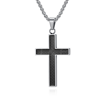 304 Stainless Steel Religion Cross Pendant Box Chain Necklaces for Men WGC31A9-01-1
