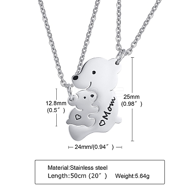 201 Stainless Steel Black Enamel Baby Bear Mother Bear Split Pendant Necklaces for Mother's Day WG98DEA-03-1