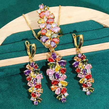 Leaf Brass Cubic Zirconia Pendant Necklaces & Hoop Earrings & Rings Sets FS-WGD46EA-05-1