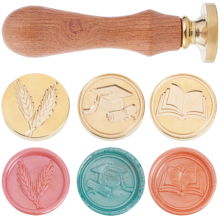 CRASPIRE 3 Styles Graduation Theme Golden Tone Brass Wax Seal Stamp Head AJEW-CP0007-50A-04-1