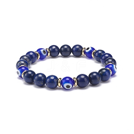 Natural Lapis Lazuli(Dyed) & Lampwork Evil Eye Round Beaded Stretch Bracelet BJEW-JB08713-05-1