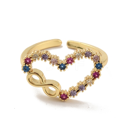 Colorful Cubic Zirconia Heart with Infinity Open Cuff Ring RJEW-B042-01-1
