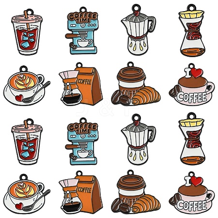 16Pcs 8 Styles Coffee Theme Alloy Enamel Pendants ENAM-YW0008-55-1