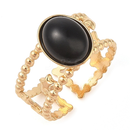 Oval Natural Black Agate Finger Rings RJEW-Z057-11G-07-1