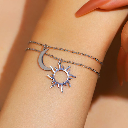 304 Stainless Steel Moon Sun Charm Bracelet Sets WGAA23A-03-1