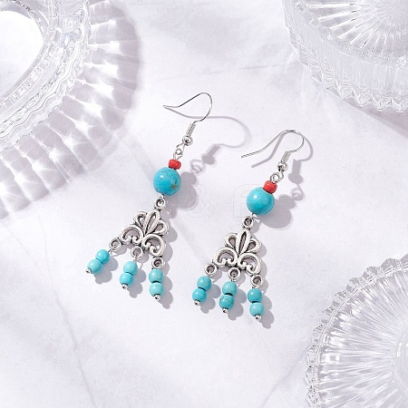 Tibetan Style Alloy Synthetic Turquoise Flower Dangle Earrings EJEW-JE06575-2-1