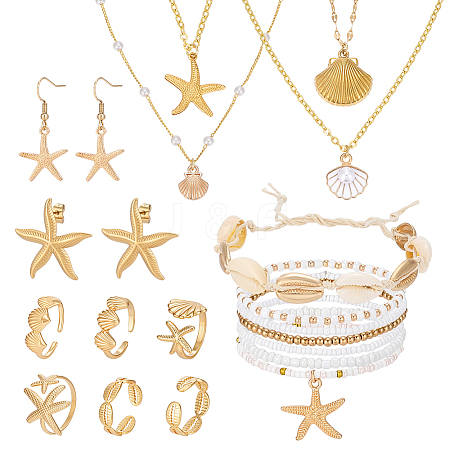 Ocean Theme Brass & 304 Stainless Steel Necklaces & Bracelets & 304 Stainless Steel Earring & Brass Cuff Rings Sets SJEW-PH00008-1