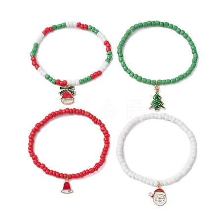 4Pcs 4 Styles Christmas Round Glass Seed Beaded Stretch Bracelet Sets BJEW-JB10805-1