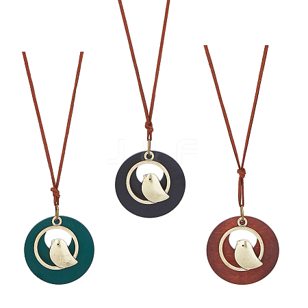 FIBLOOM 3Pcs 3 Colors Alloy Flat Round with Bird Pendant Necklaces Set with Faux Suede Cords NJEW-FI0001-30-1