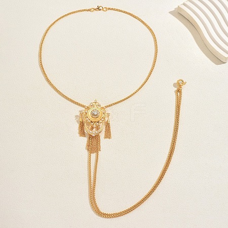Vintage Gothic Style Brass Pave Cubic Zirconia Flower Long Tassel Lariat Necklace Brooch for Women GO0016-1-1