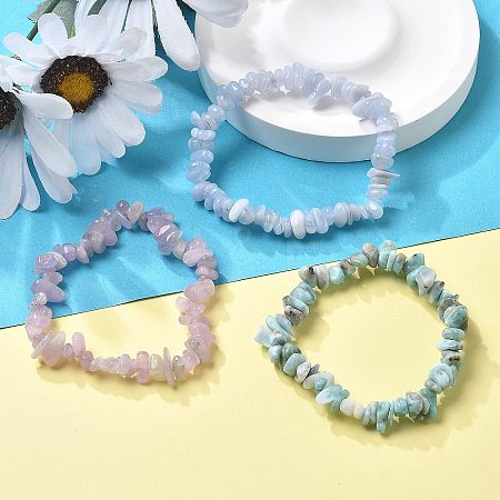 Chips Natural Larimar & Blue Lace Agate & Kunzite Beaded Stretch Bracelets Sets BJEW-JB05332-01-1