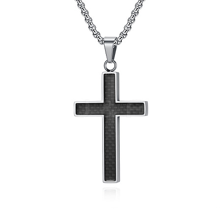 304 Stainless Steel Religion Cross Pendant Box Chain Necklaces for Men WGC31A9-01-1