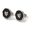 304 Stainless Steel Flat Round with Heart Stud Earrings EJEW-C114-15P-01-2