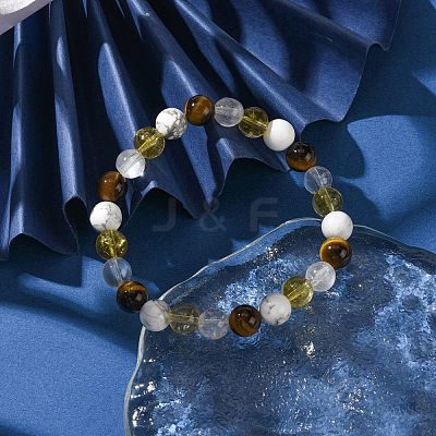 Natural Howlite & Synthetic Citrine & Natural Tiger Eye & Natural Quartz Crystal Round Beaded Stretch Bracelets BJEW-JB10910-09-1