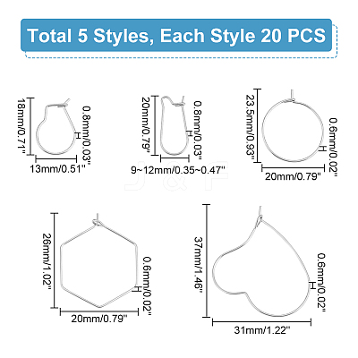 100Pcs 5 Style 304 Stainless Steel Hoop Earrings STAS-UN0045-56-1