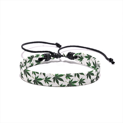Printed Maple Leaf Pattern Cloth & Waxed Cord Braided Bracelets for Men Women FS-WG27F11-01-1
