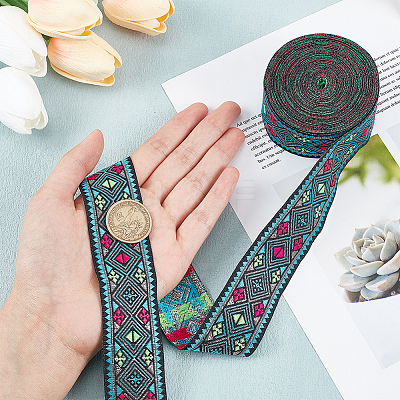 Ethnic Style Rhombus Pattern Polyester Ribbon OCOR-WH0047-50A-1