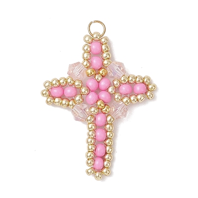 7Pcs 7 Colors Glass Seed Beaded Cross Pendants PALLOY-MZ00826-1