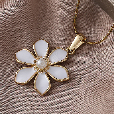 304 Stainless Steel Enamel with Imitation Pearl Cherry Blossom Flower Pendant Necklaces for Women RN9489-1