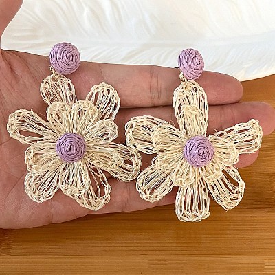 Bohemian Raffia with Linen Stud Dangle Earrings FS-WG91701-05-1