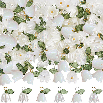 20 Sets White Lily Flower Charms & Flora Leaves Beads FIND-SC0010-77-1