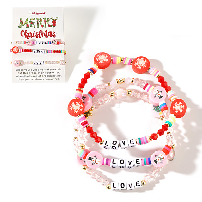 3Pcs Christmas Theme Handmade Polymer Clay & Glass Bicone Beads Stretch Bracelet Sets QY3550-12-1
