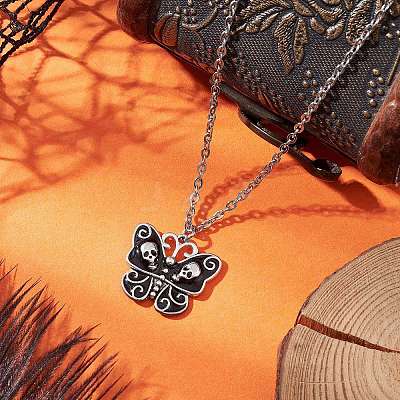 Alloy Enamel Halloween Skull Butterfly Pendant 304 Stainless Steel Cable Chain Necklaces NJEW-JN05446-1