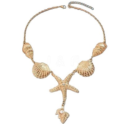 Summer Beach Alloy Crystal Rhinestone Shell Shape Starfish Pendant Necklaces for Women FS-WGE00B6-01-1