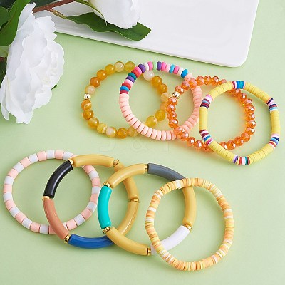8Pcs 6 Style Synthetic Imperial Jasper & GLass Beaded Stretch Bracelets Set BJEW-SW00086-02-1
