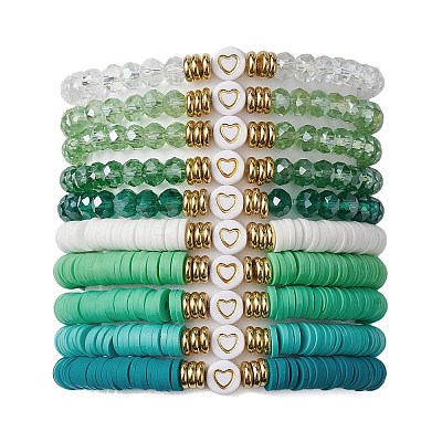 10Pcs Polymer Clay Disc & Glass & Brass Beaded Stretch Bracelets Set BJEW-JB09676-04-1