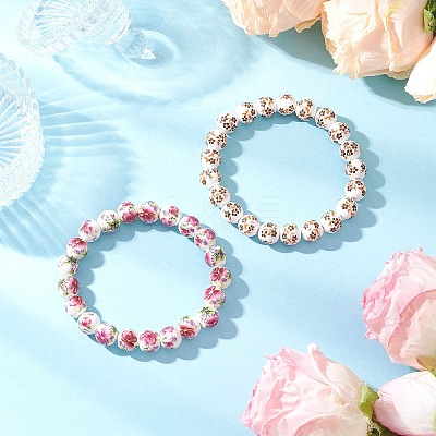 2Pcs Handmade Flower Printed Porcelain Ceramic Beaded Stretch Bracelets BJEW-JB11910-1