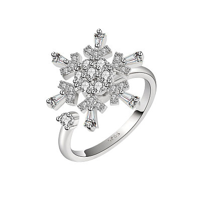 Snowflake 925 Sterling Silver Micro Pave Clear Cubic Zirconia Cuff Spinner Rings WG86A07-01-1