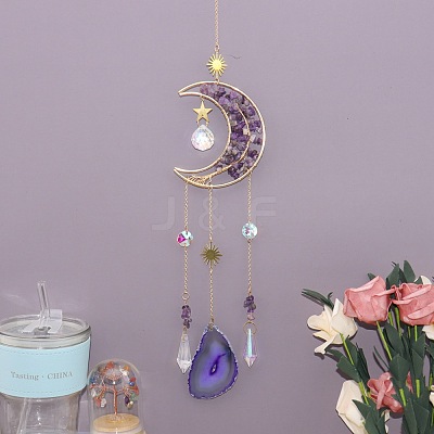 Copper Wire Wrapped Natural Amethyst Chips Moon Suncatcher HJEW-H065-04G-03-1