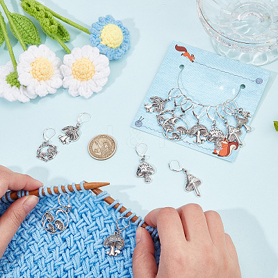 16Pcs 8 Style Mushroom Tibetan Style Alloy Pendant Stitch Markers HJEW-NB00018-1